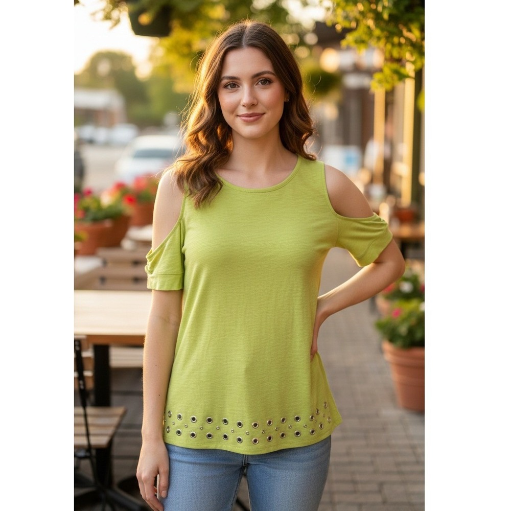 Michael Kors Lime Green Cold Shoulder Grommet Hem Cotton Top Medium